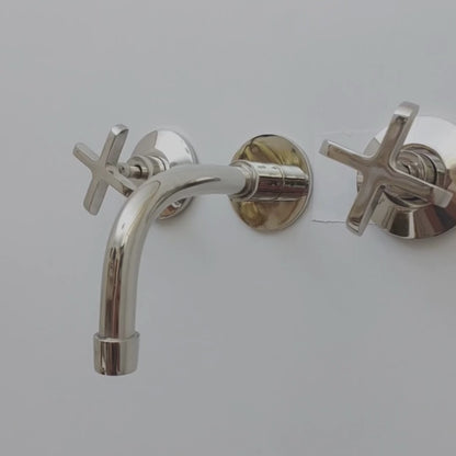 Brass Wall Mounted Bathroom Faucet, Polished Nickel Finish Faucet with Cross Handles - Ref: WFCN001
