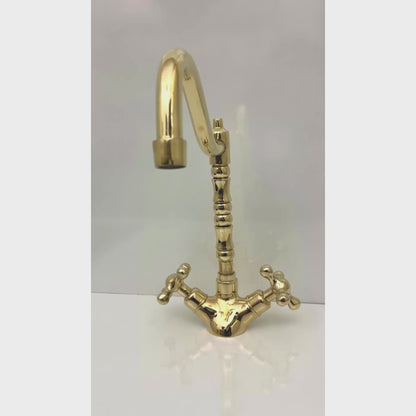 Unlacquered Brass Gooseneck Faucet with double Cross Handles, Solid Brass Kitchen Faucet - Ref: UBFDH1C
