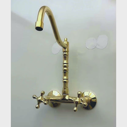 Unlacquered Brass Wall Mount Faucet, Solid Brass Bridge Faucet with Cross Handles - Ref: WMUBF1C