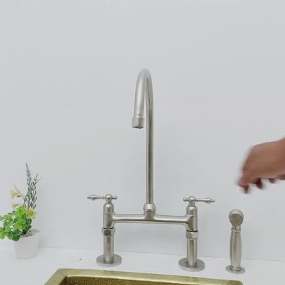 8" Nickel Finish Bridge Faucet  With Sprayer and Lever Handles-ref:APCL-7