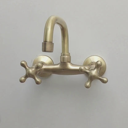 Brushed Brass Wall Mount Faucet, Antique Gooseneck Faucet - Ref: FA006-BB