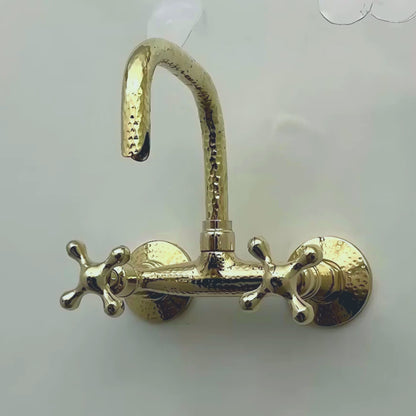 Unlacquered Brass Wall Mount Faucet, Hammered Brass Bridge Faucet with Cross Handles - Ref: WMUBHF1C