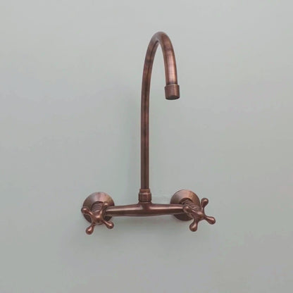 Brass Wall-Mount Bridge Faucet, Antique Copper Finish Faucet with Cross Handles - Ref: WFC005