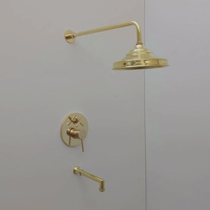 Unlacquered Brass Shower System with Tub Filler and Round Rain Shower Head - Ref: ATLASS52