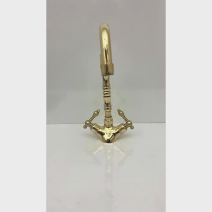 Unlacquered Brass Gooseneck Faucet with double Lever Handles, Solid Brass Kitchen Faucet - Ref: UBFDH1L