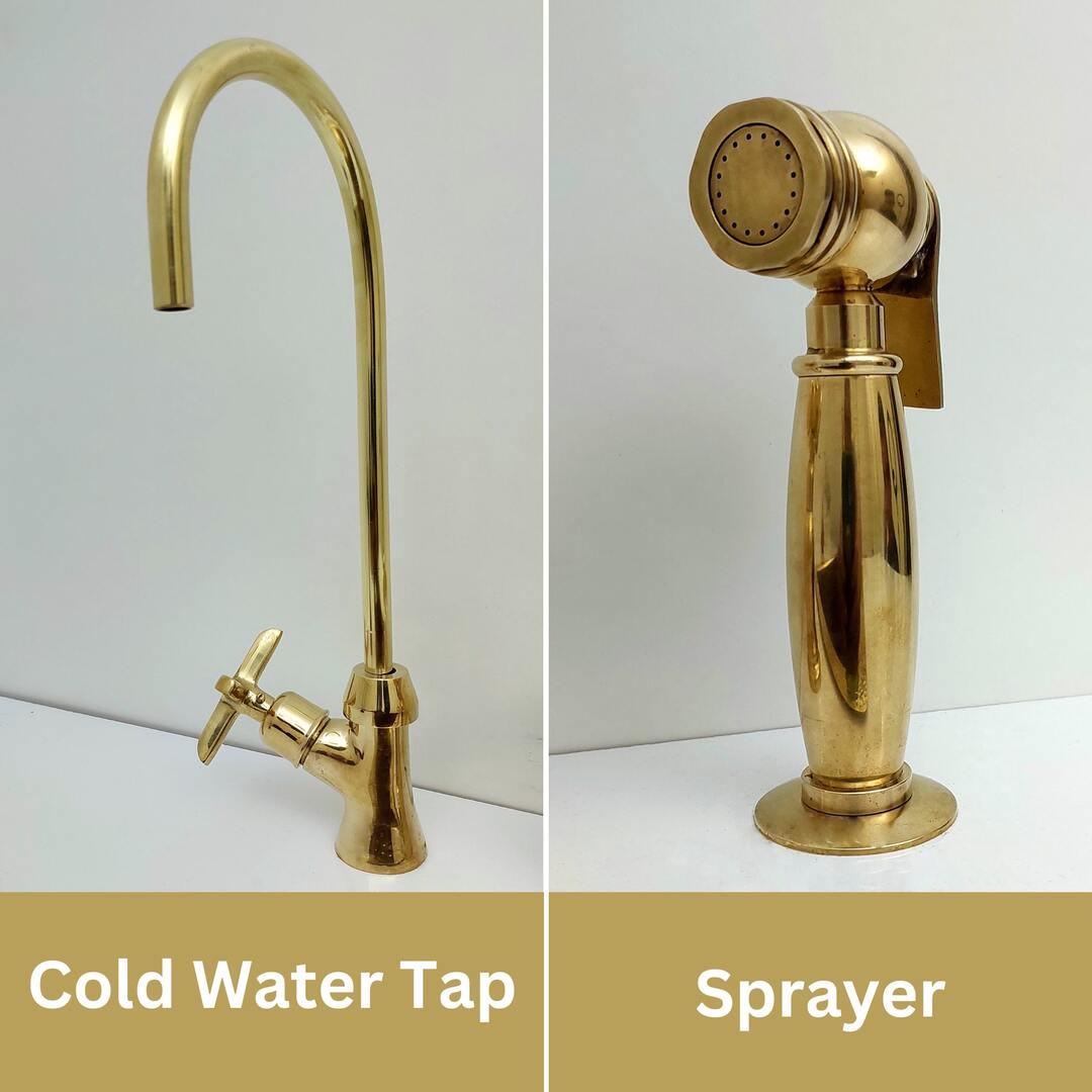 Unlacquered Brass Bridge Kitchen Faucet With Sprayer and Cross Handles - 8" Spread - Ref: APC-1