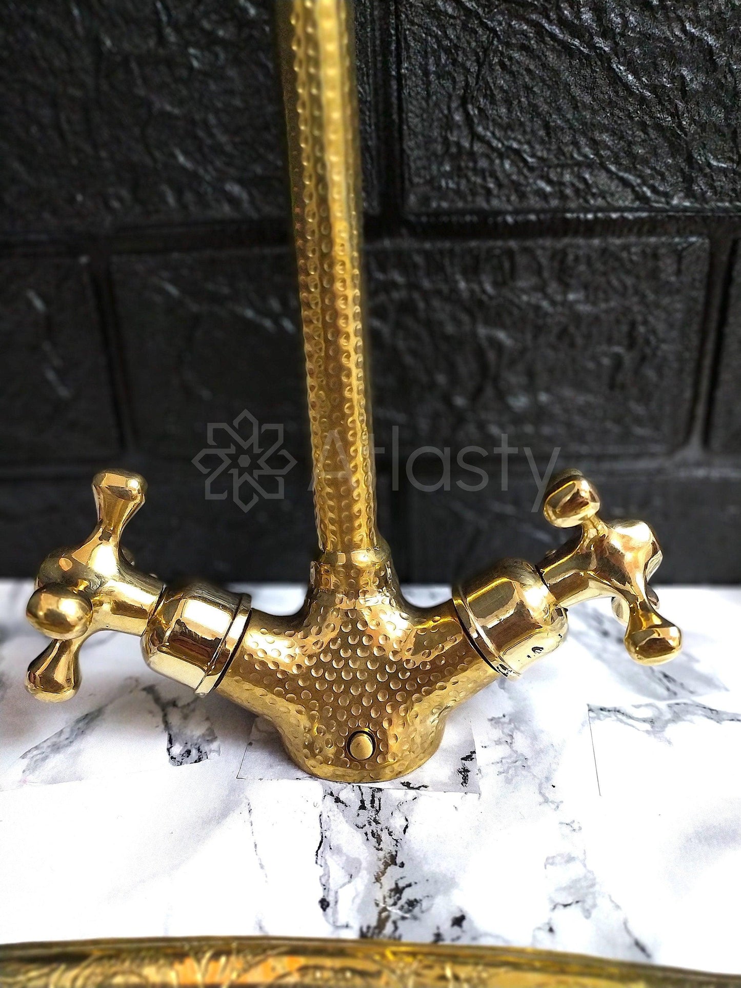 Hammered Curved Brass Bathroom Faucet with Simple Cross Handles, Uncoated Brass Faucet