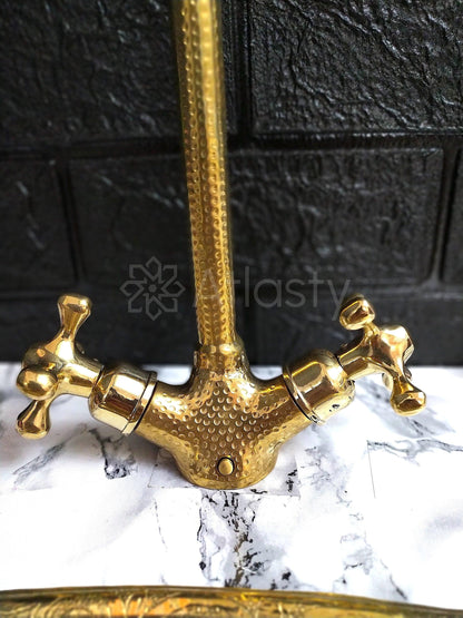 Hammered Curved Brass Bathroom Faucet with Simple Cross Handles, Uncoated Brass Faucet