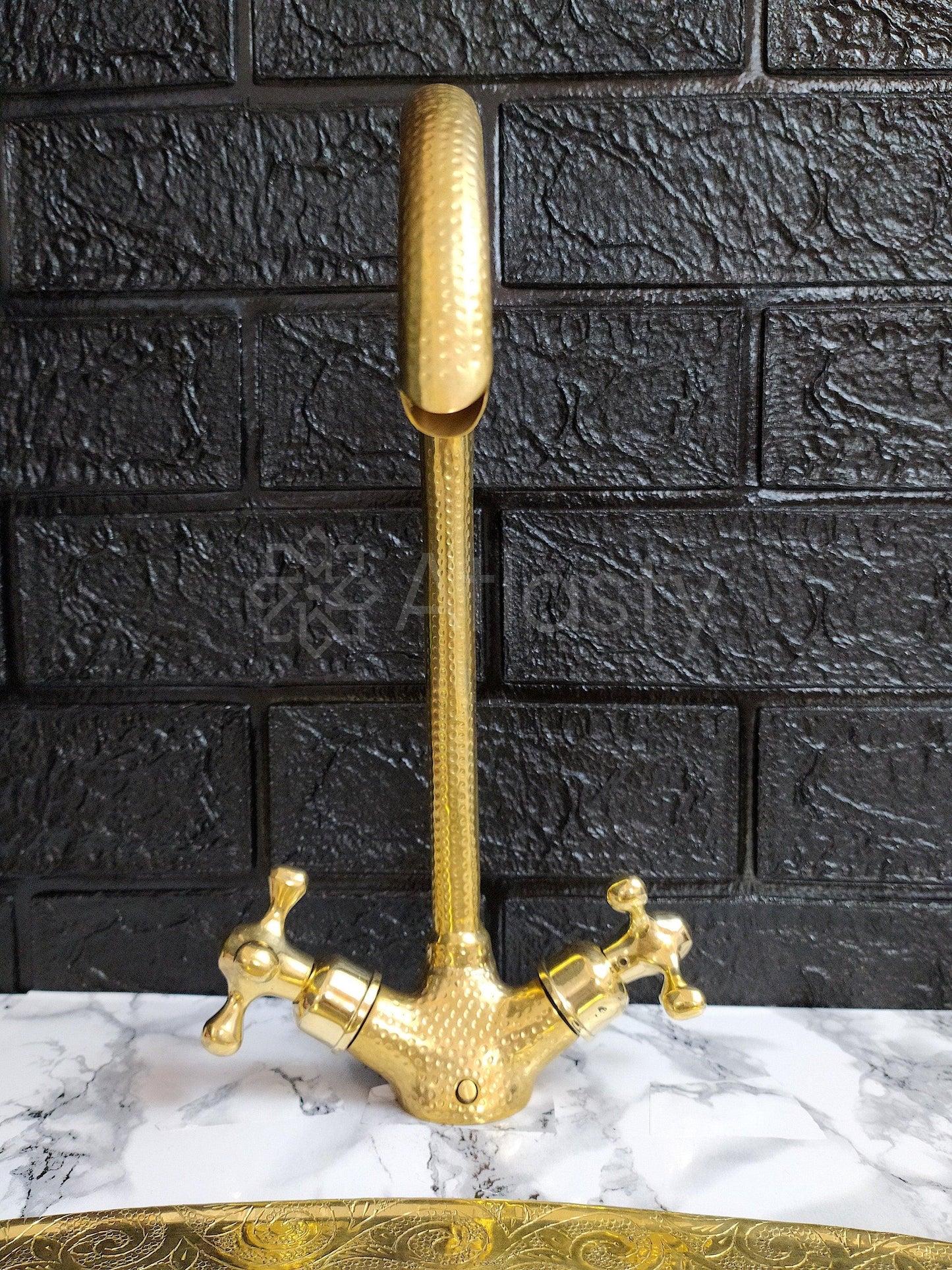 Hammered Curved Brass Bathroom Faucet with Simple Cross Handles, Uncoated Brass Faucet