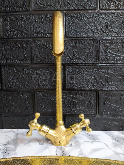 Hammered Curved Brass Bathroom Faucet with Simple Cross Handles, Uncoated Brass Faucet