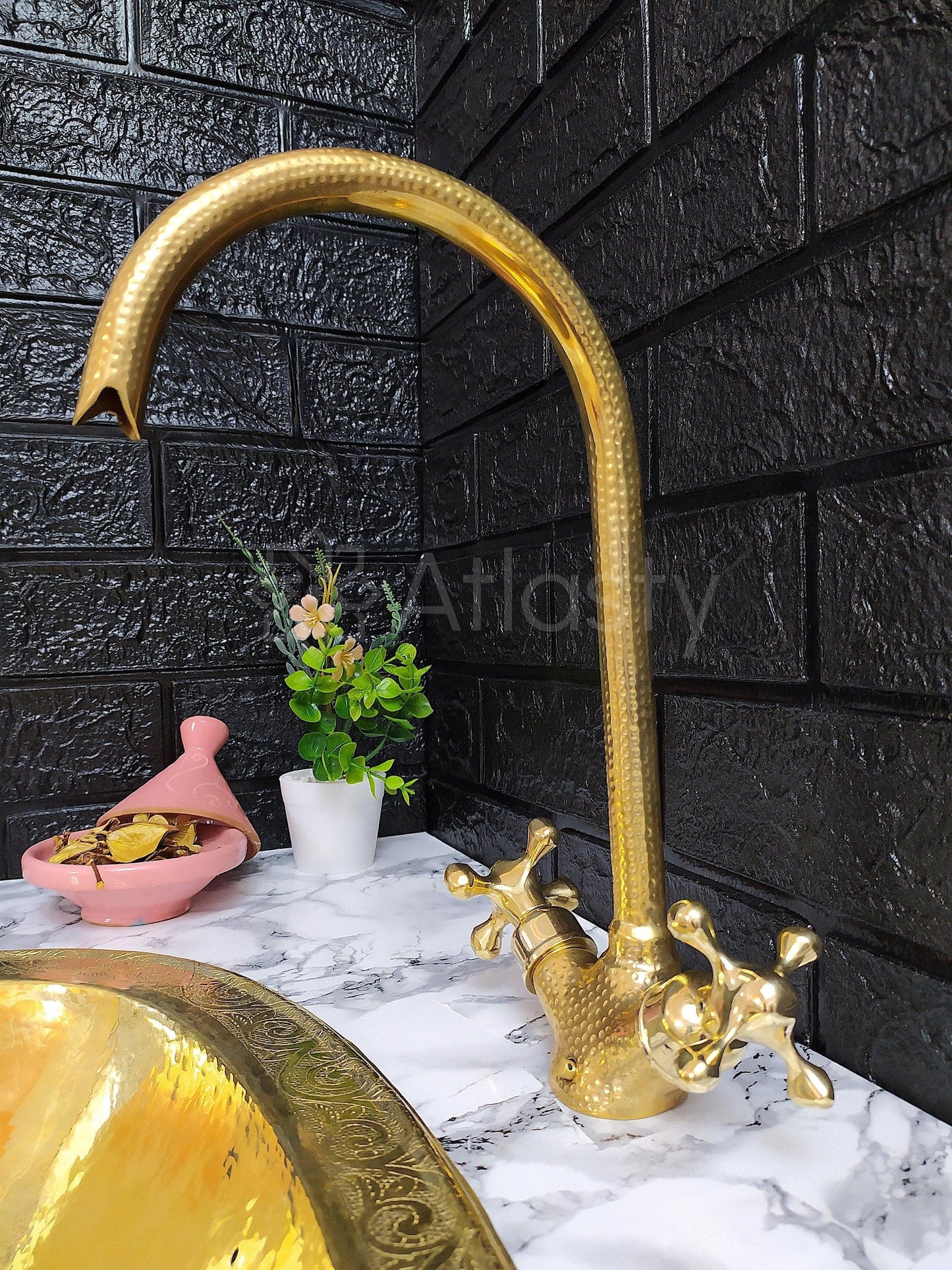 Hammered Curved Brass Bathroom Faucet with Simple Cross Handles, Uncoated Brass Faucet