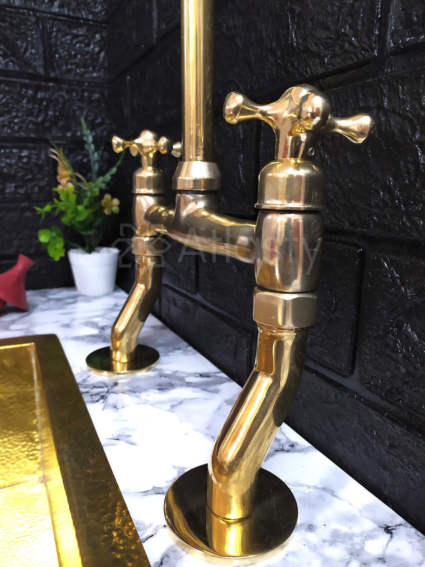 Unlacquered Brass Bridge Kitchen Faucet with Cross Handles - Ref: APC-83