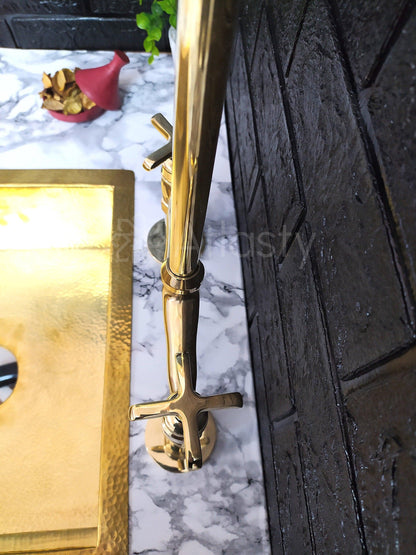 Unlacquered Brass Bridge Kitchen Faucet with Cross Handles - Ref: APC-83