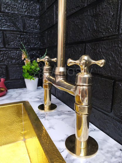 Unlacquered Brass Bridge Kitchen Faucet with Cross Handles - Ref: APC-83