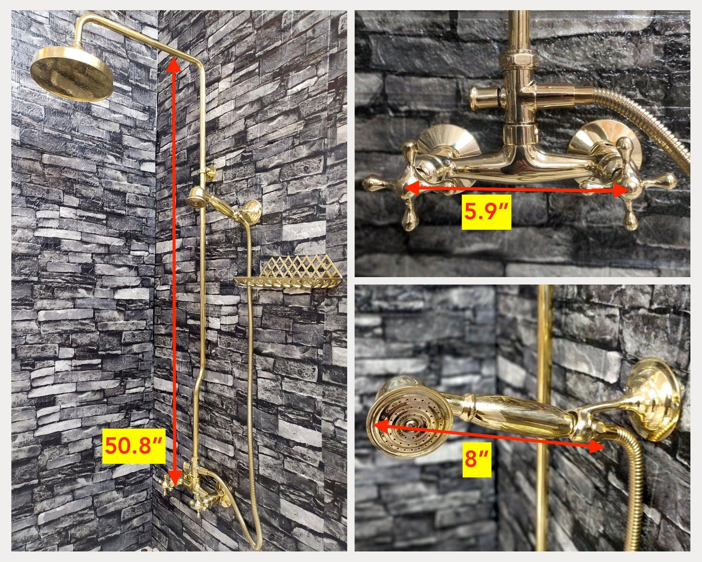 Antique Brass Shower System with Round Shower Head, Handheld Shower, and 2 Handles - Ref: ATLASS16