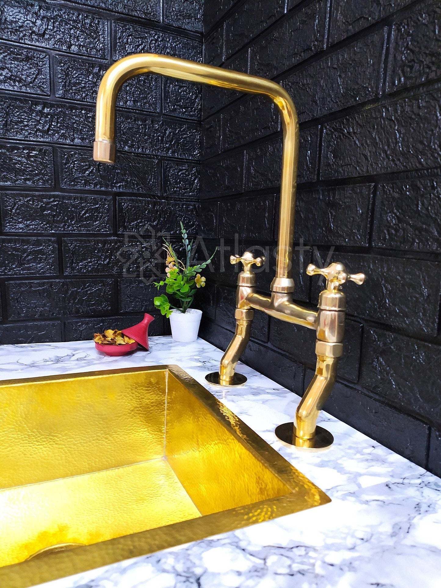 Unlacquered Brass Bridge Kitchen Faucet with Cross Handles - Ref: APC-83