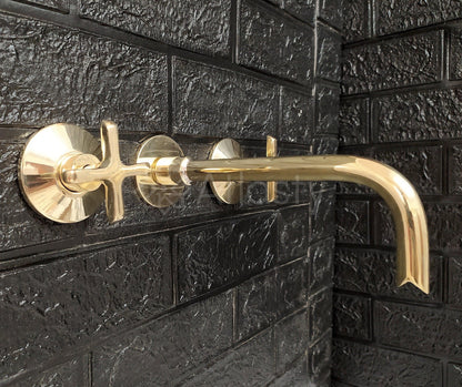 Unlacquered Brass Wall Mounted Bathroom Faucet - Vessel Sink Faucet with Cross or Lever Handles and Snake Mouth