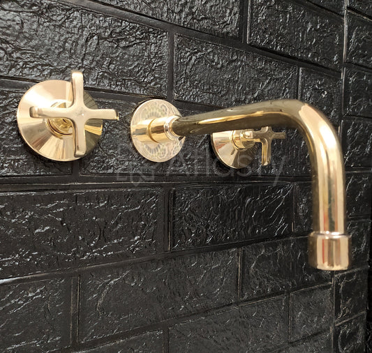 Unlacquered Brass Wall Mounted Bathroom Faucet - Vessel Sink Faucet with Cross or Lever Handles