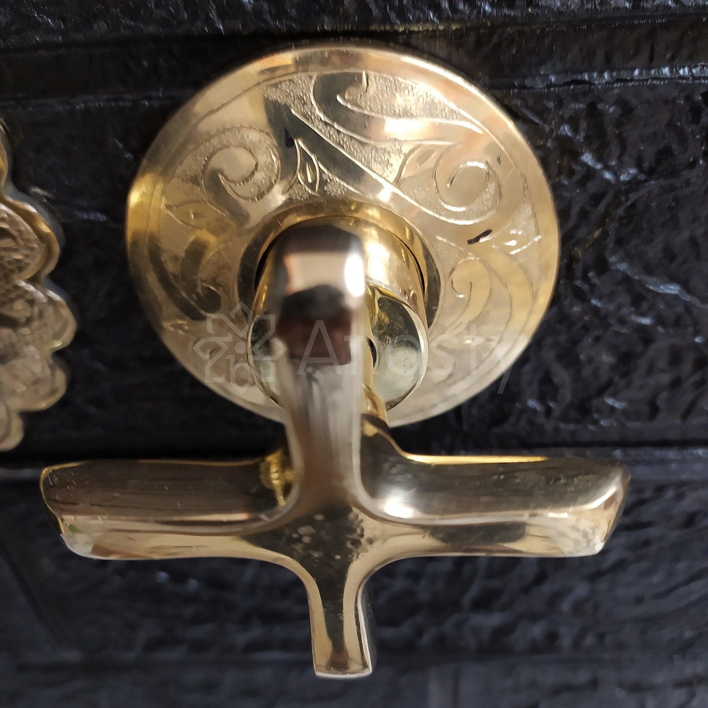 Unlacquered Brass Wall Mounted Bathroom Vessel Sink Faucet With Cross Handles, Engraved Antique Brass Faucet