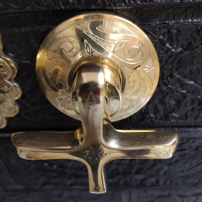 Unlacquered Brass Wall Mounted Bathroom Vessel Sink Faucet With Cross Handles, Engraved Antique Brass Faucet