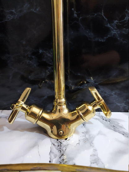 Curved Solid Brass Bathroom Faucet with Simple Cross Handles, Uncoated Brass Faucet