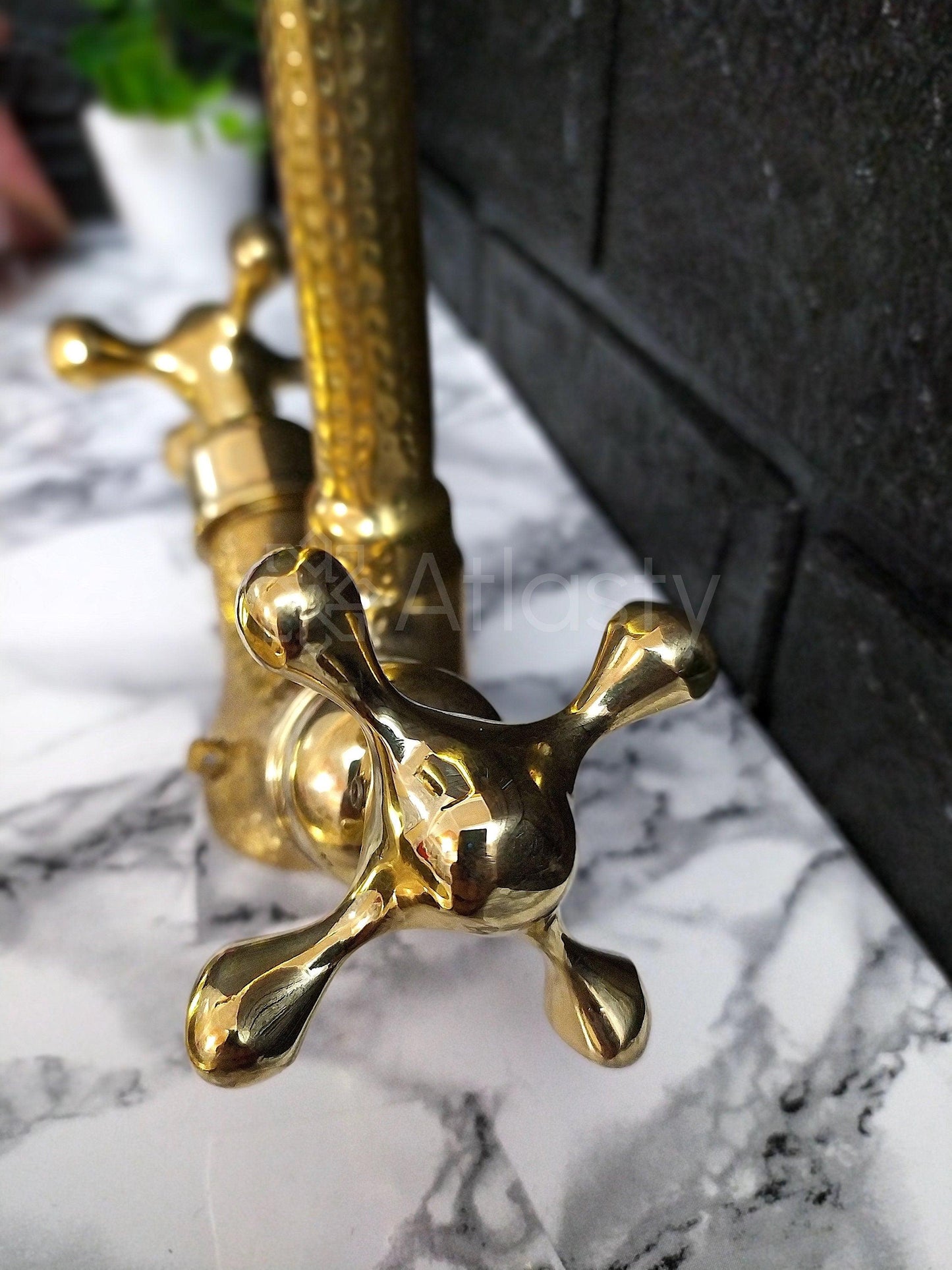 Hammered Curved Brass Bathroom Faucet with Simple Cross Handles, Uncoated Brass Faucet