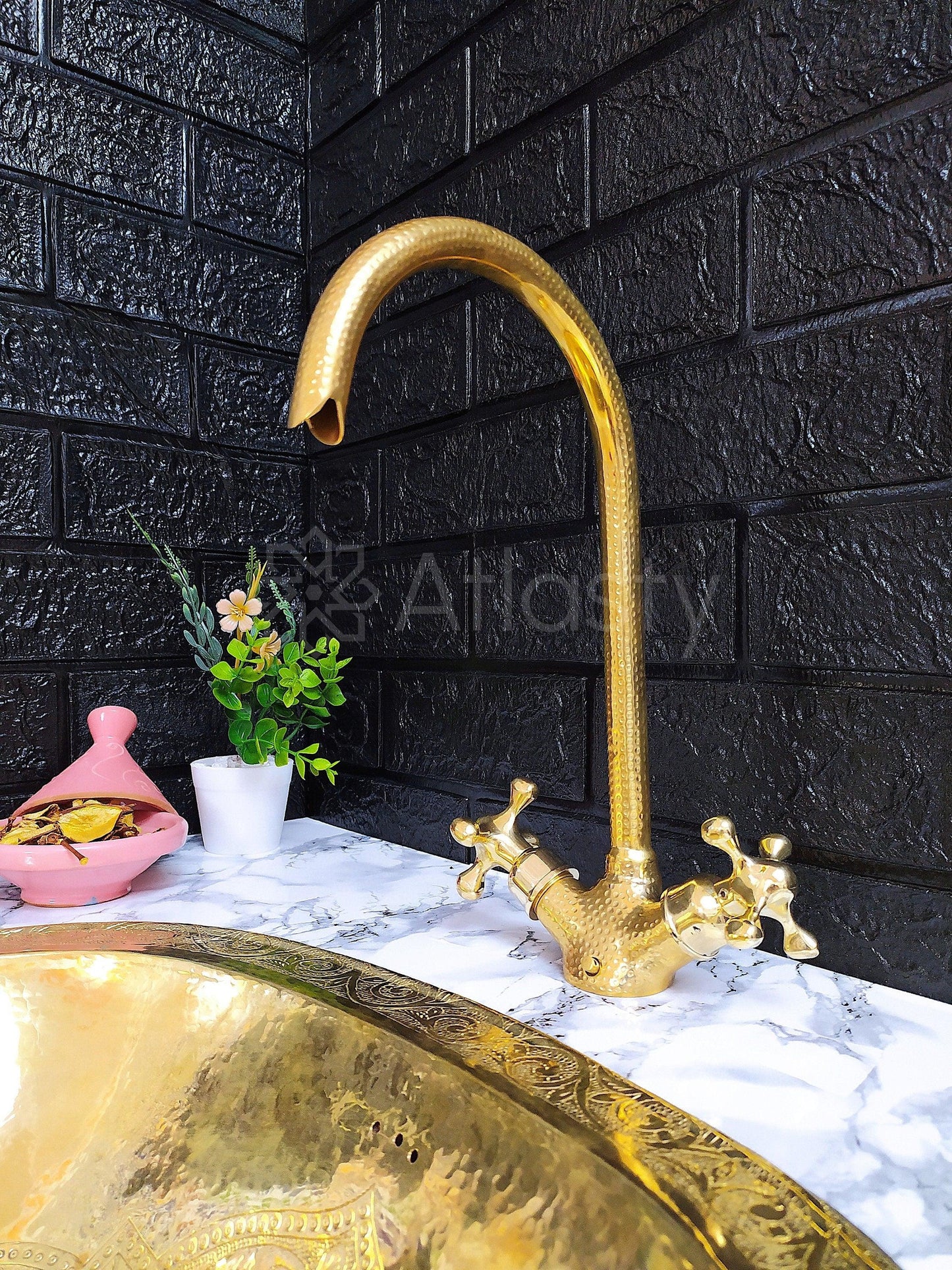 Hammered Curved Brass Bathroom Faucet with Simple Cross Handles, Uncoated Brass Faucet