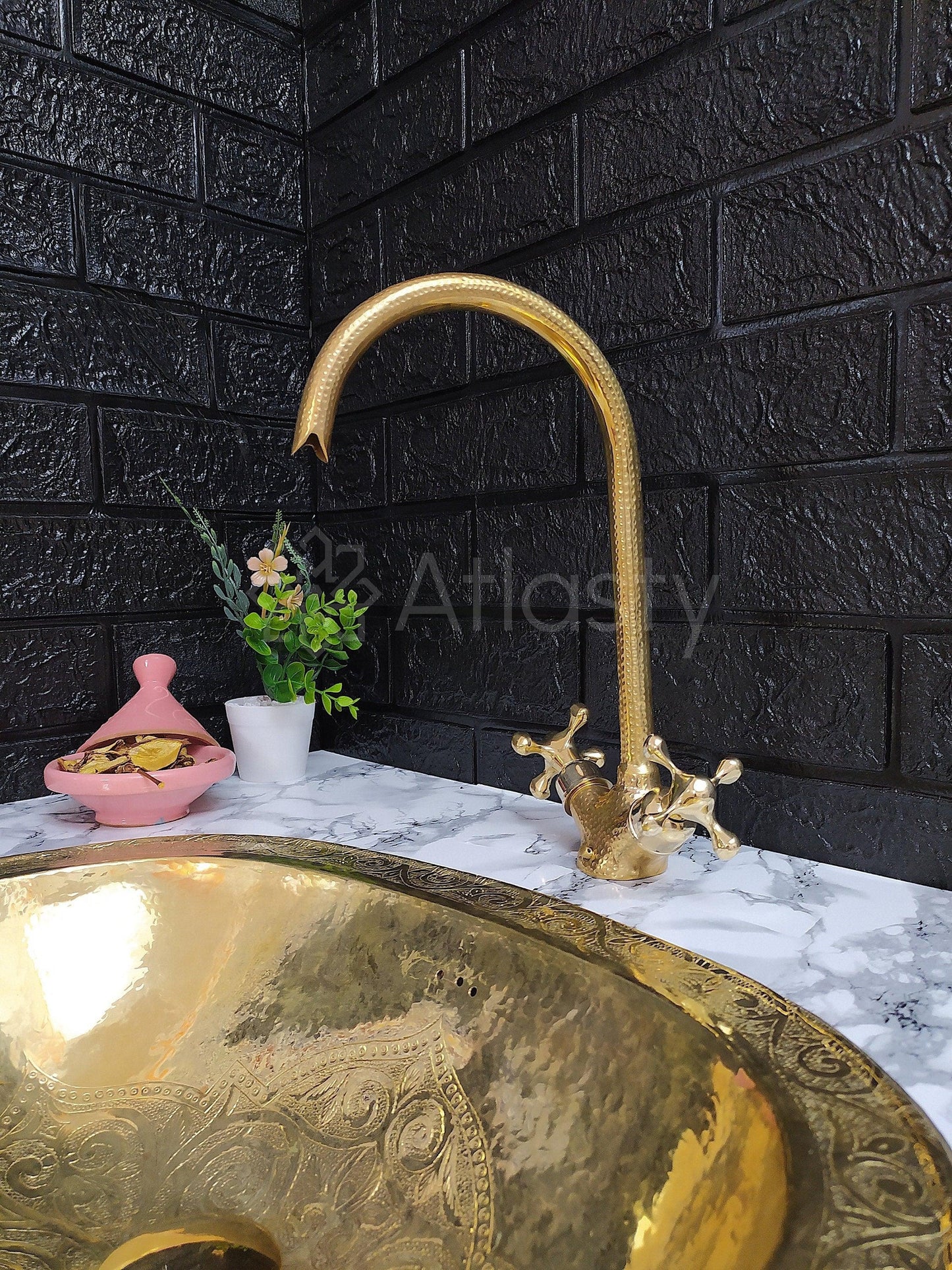 Hammered Curved Brass Bathroom Faucet with Simple Cross Handles, Uncoated Brass Faucet