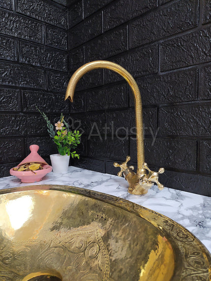 Hammered Curved Brass Bathroom Faucet with Simple Cross Handles, Uncoated Brass Faucet