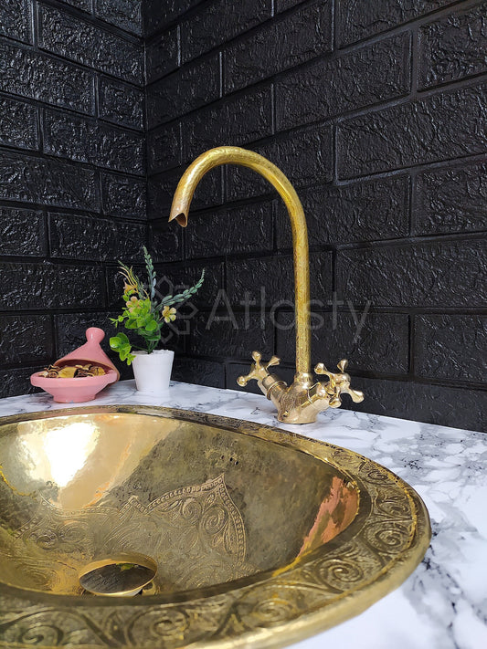 Engraved Curved Brass Bathroom Faucet with Simple Cross Handles, Uncoated Brass Faucet
