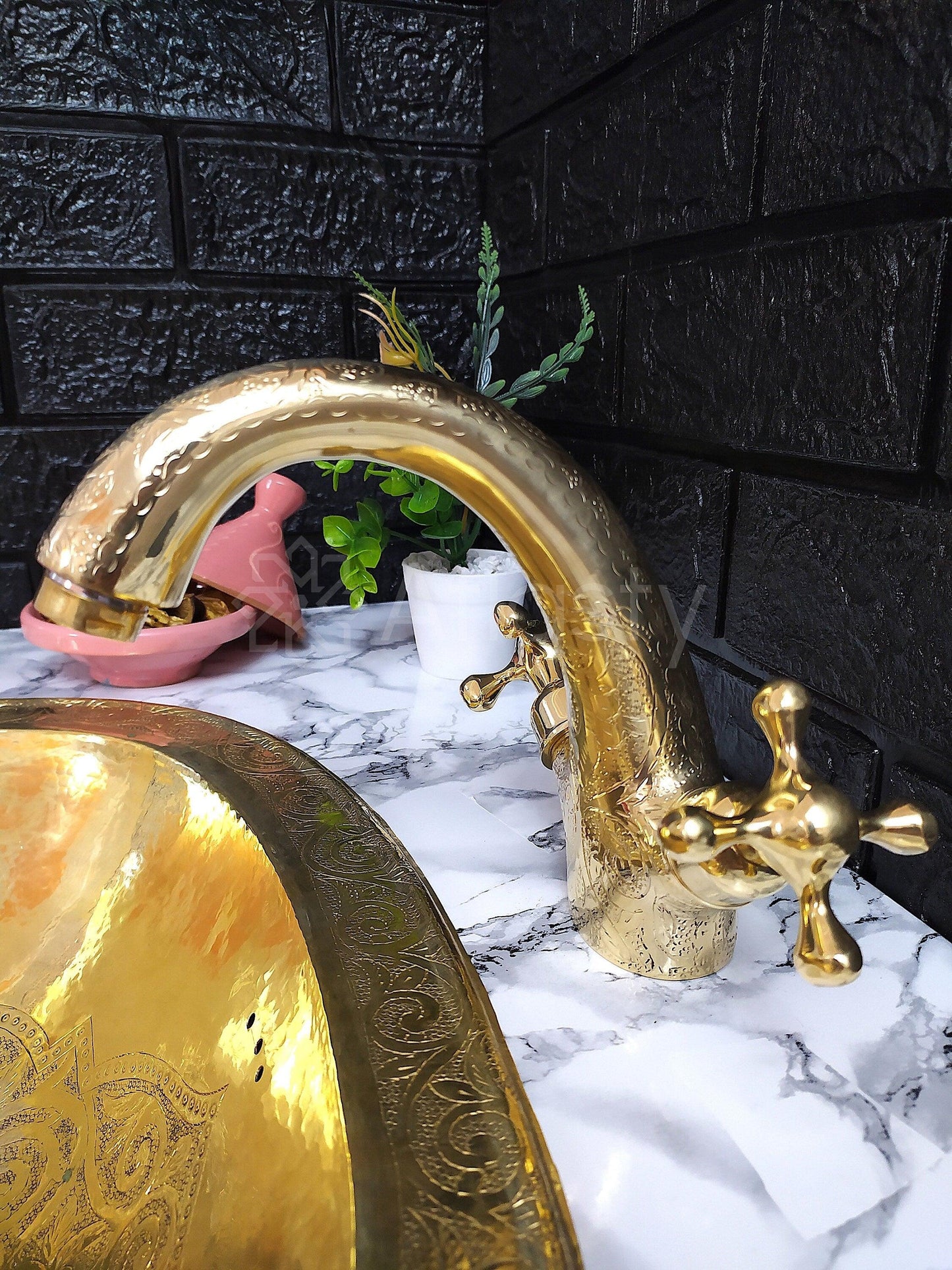 Engraved Brass Faucet with Cross Handles, Unlacquered Brass, Bathroom Faucet, Kitchen Faucet