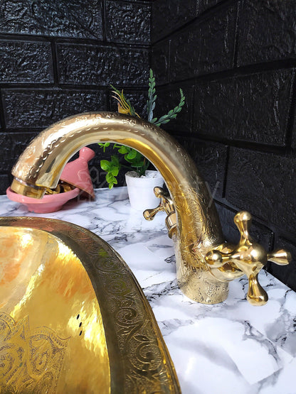 Engraved Brass Faucet with Cross Handles, Unlacquered Brass, Bathroom Faucet, Kitchen Faucet