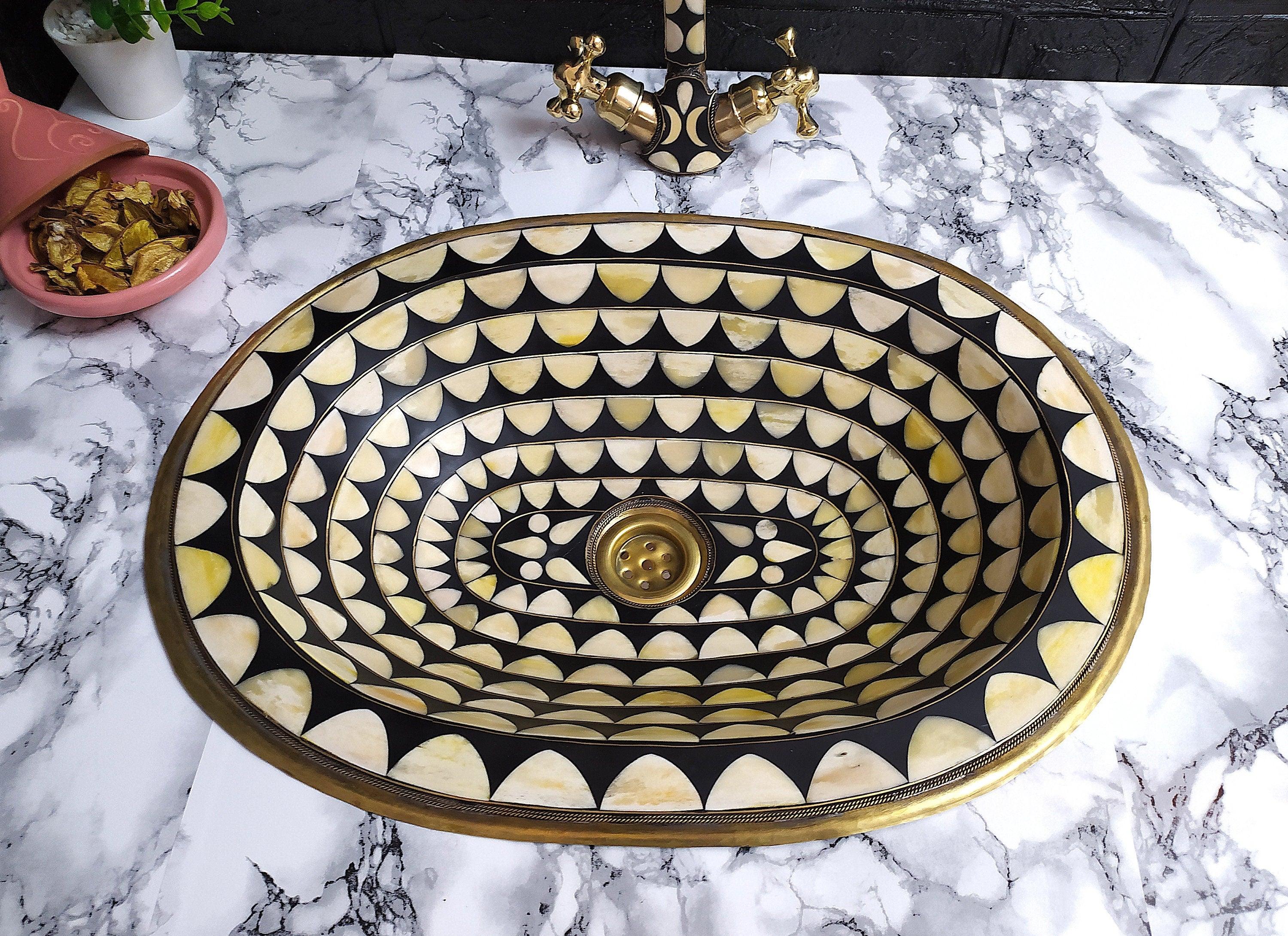 Brass Handmade Oval Bathroom Sink Studded With Wood And Resin - Ref: SN002
