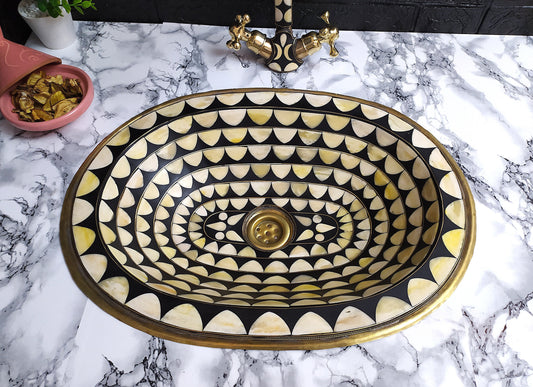 Brass Handmade Oval Bathroom Sink Studded With Wood And Resin