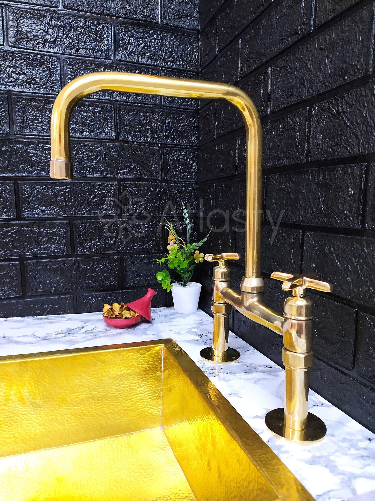 Unlacquered Brass Bridge Kitchen Faucet with Cross Handles - Ref: APC-83