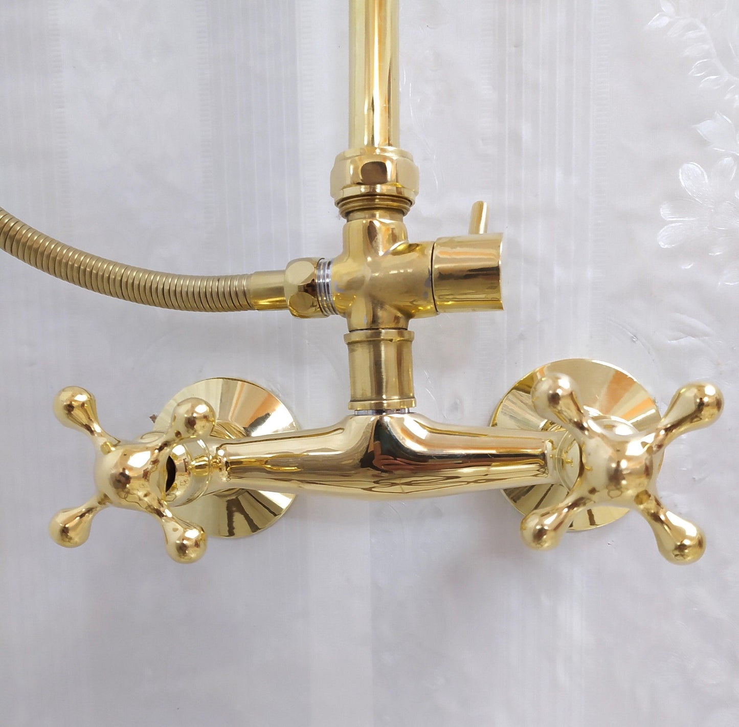 Antique Brass Shower System with Round Shower Head, Handheld Shower, and 2 Handles - Ref: ATLASS16