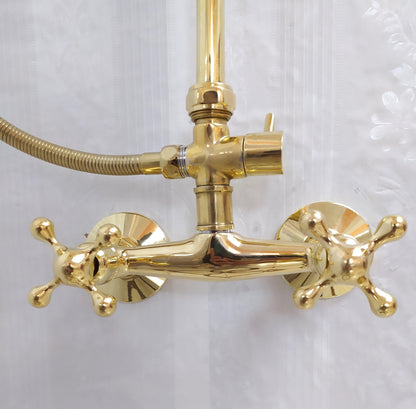 Antique Brass Shower System with Round Shower Head, Handheld Shower, and 2 Handles - Ref: ATLASS16
