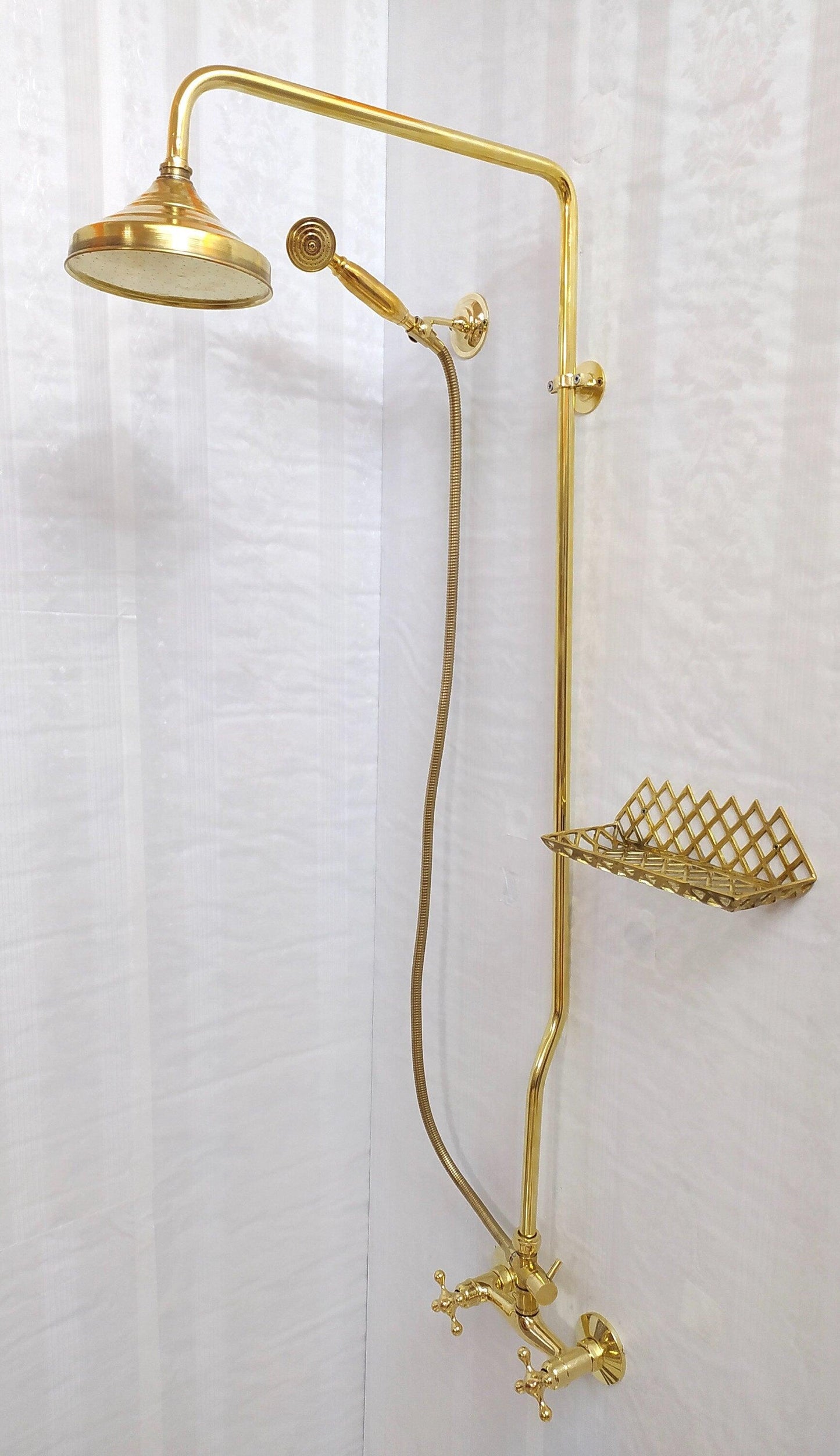 Antique Brass Shower System with Round Shower Head, Handheld Shower, and 2 Handles - Ref: ATLASS16