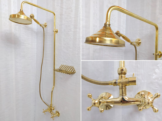 Antique Brass Shower System with Round Shower Head, Handheld Shower, and 2 Handles - Ref: ATLASS16