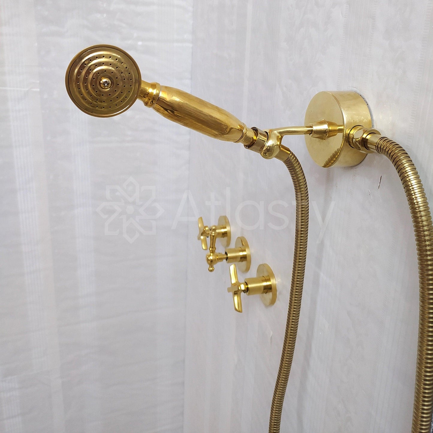 Antique Brass Shower System with Shower Head, Handheld Shower, and 3 Handles - Ref: ATLASS18