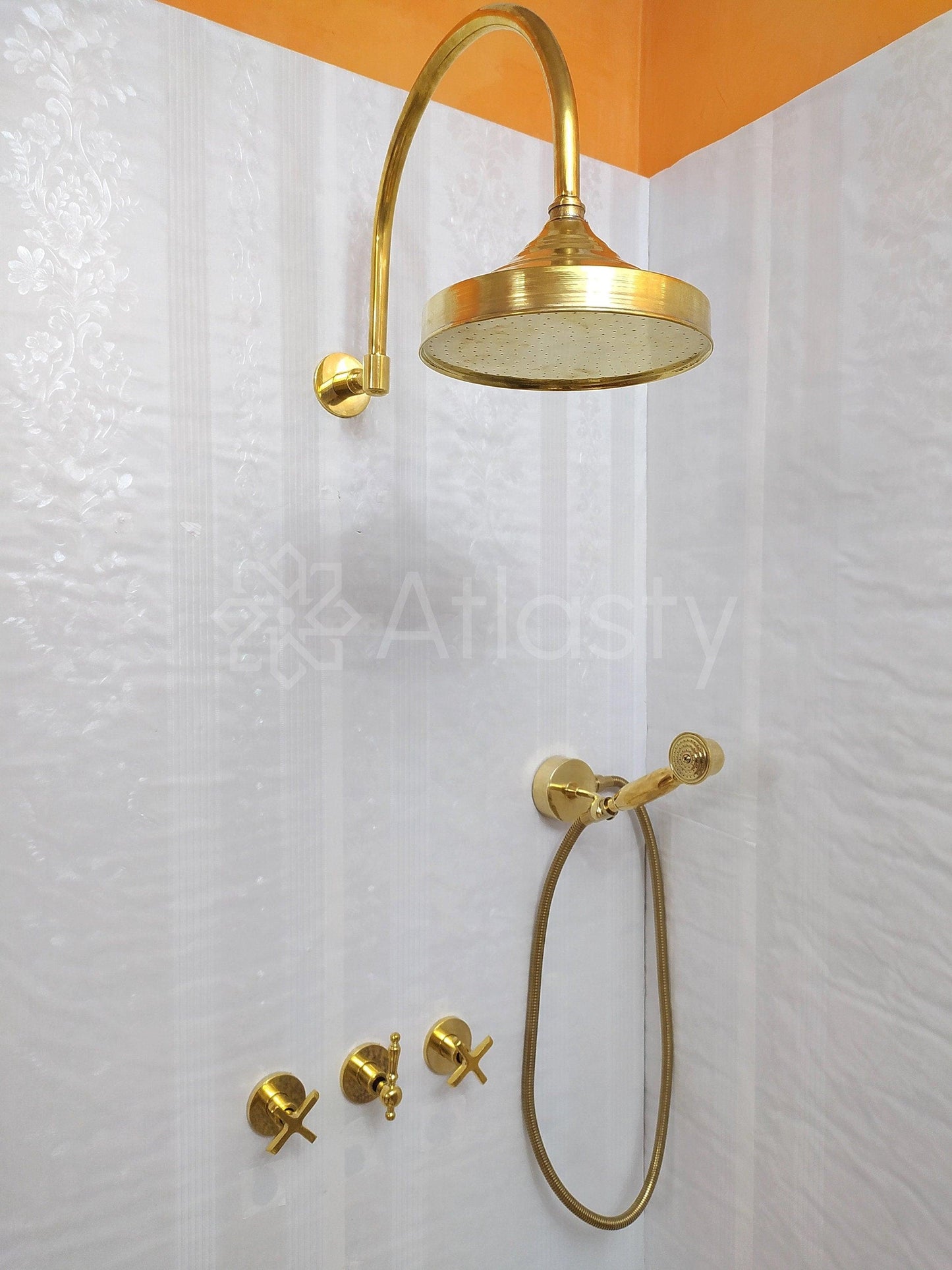 Antique Brass Shower System with Shower Head, Handheld Shower, and 3 Handles - Ref: ATLASS18
