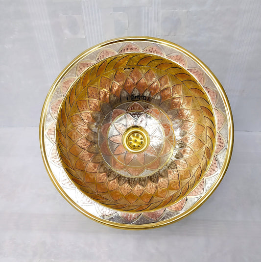 Engraved Round Brass Sink, Vintage Hammered Drop-in Sink for Bathrooms