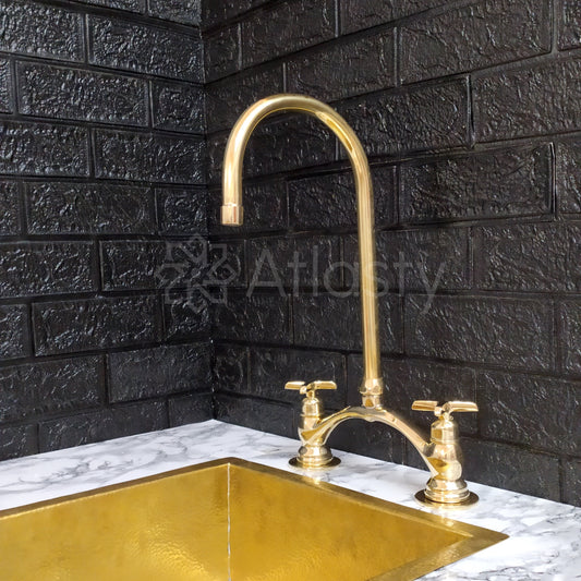 Unlacquered Brass Bridge Kitchen Faucet with Sprayer, Cold Water Tap, and Cross Handles - Ref: APC-85