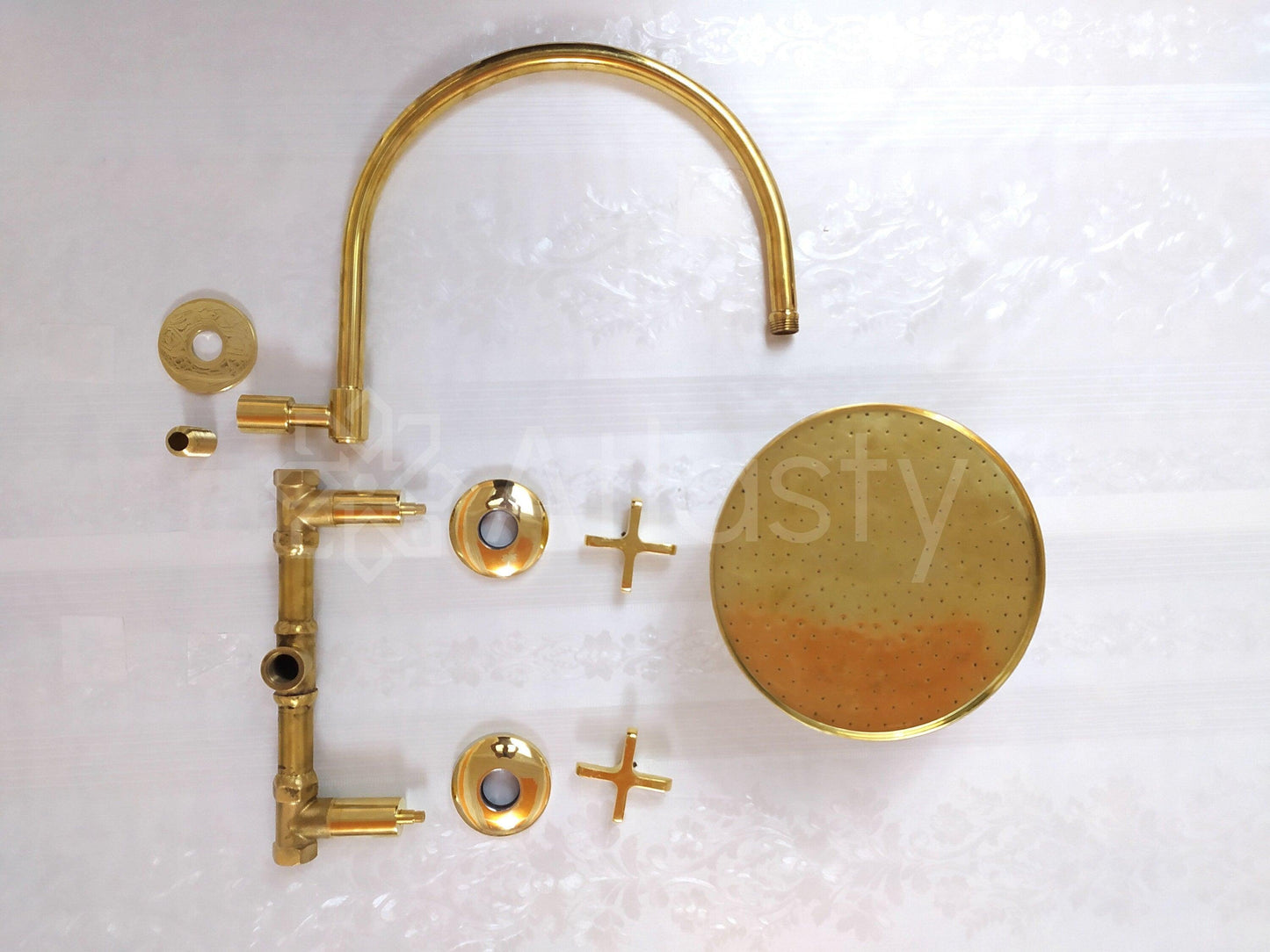 Antique Brass Shower System with Round Shower Head, and 2 Handles - Ref: ATLASS30