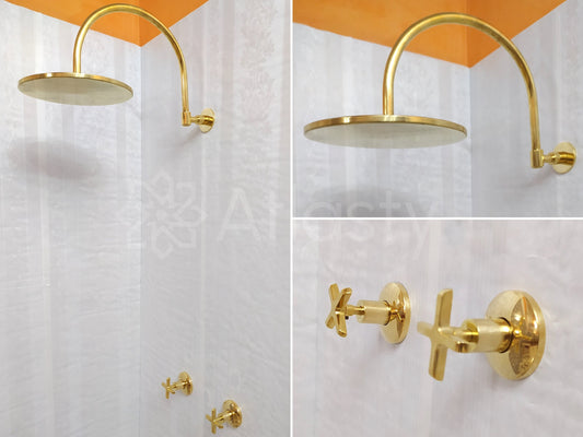Antique Brass Shower System with Round Shower Head, and 2 Handles - Ref: ATLASS21