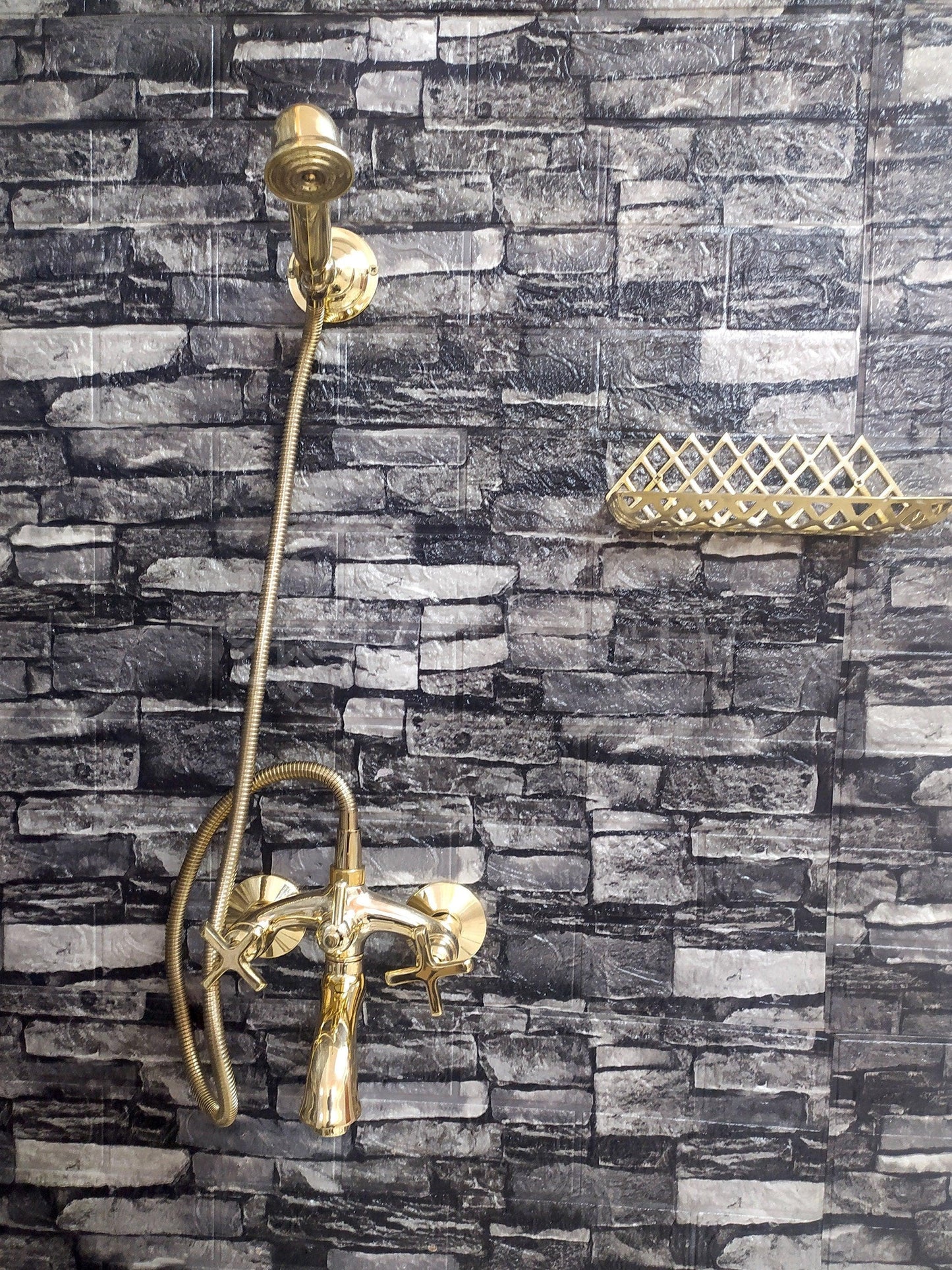 Antique Brass Shower System with Bath Faucet, Handheld Shower, and 3 Handles - Ref: ATLASS25