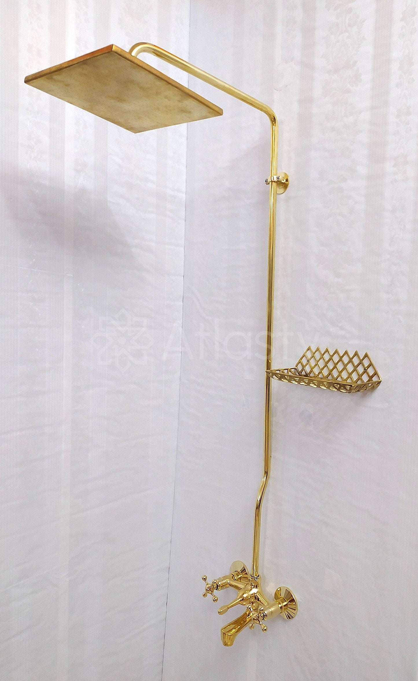 Antique Brass Shower System with Round Shower Head, Bath Faucet, and 3 Handles - Ref: ATLASS19