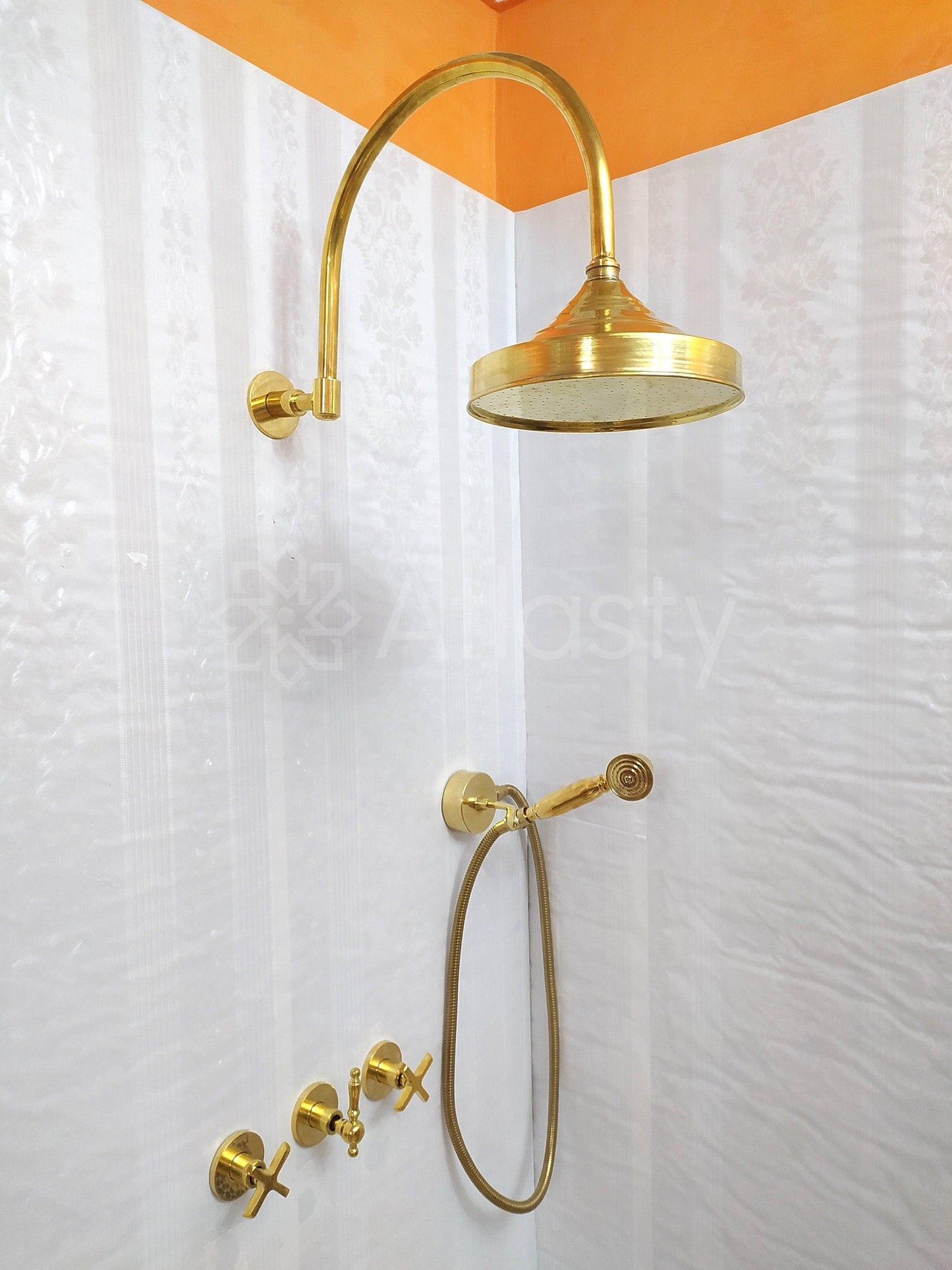 Antique Brass Shower System with Shower Head, Handheld Shower, and 3 Handles - Ref: ATLASS18