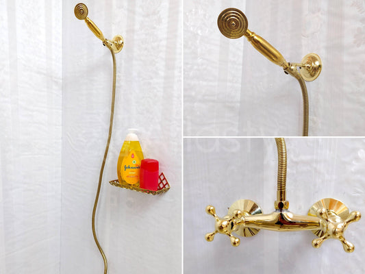 Antique Brass Handheld Shower, and 2 Handles - Ref: ATLASS29