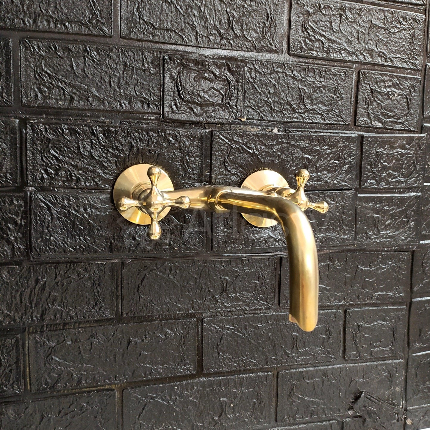 Unlacquered Brass Wall Mounted Bathroom Vessel Sink Faucet With Cross Handles